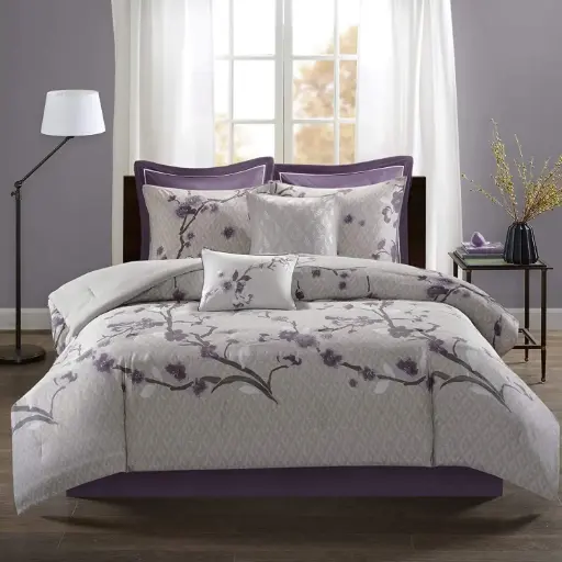 [Madison Park MP12-4169 Holly 100% Cotton Duvet Set - Classic Traditional Design, Full/Queen(90"x90"), Purple/Grey 7 Piece] Juego De Edredón Madison Park Mp12-4169 Holly 100 % Algodón - Diseño Clásico Tradicional, Tamaño Matrimonial/Queen (228 X 228 Cm), Morado/Gris, 7 Piezas | 675716902452 TRG180392228